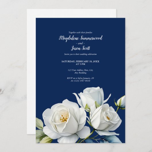 Navy Blauwe Witte Rozen | Waterverf Floral Wedding Kaart (Voorkant / Achterkant)