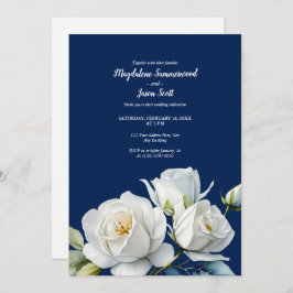 Navy Blauwe Witte Rozen | Waterverf Floral Wedding Kaart