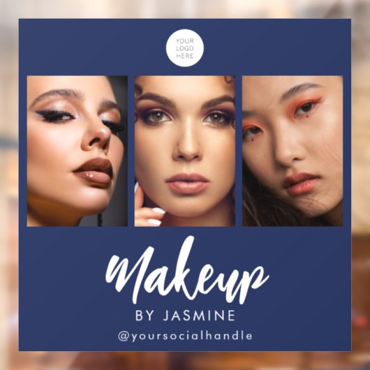 Navy Blauwe Witte Script Logo Foto Make-up Raamsticker (Vel 2)