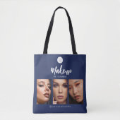 Navy Blauwe Witte Script Logo Foto Make-up Studio Tote Bag (Voorkant)