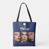 Navy Blauwe Witte Script Logo Foto Make-up Studio Tote Bag (Achterkant)