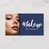 Navy Blauwe Witte Script QR Code Foto Make-up Visitekaartje (Voorkant)
