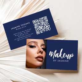 Navy Blauwe Witte Script QR Code Foto Make-up Visitekaartje