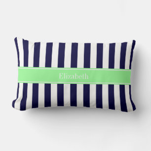 Navy Blauwe Witte Streep Mint Groene Naam Monogram Kussen