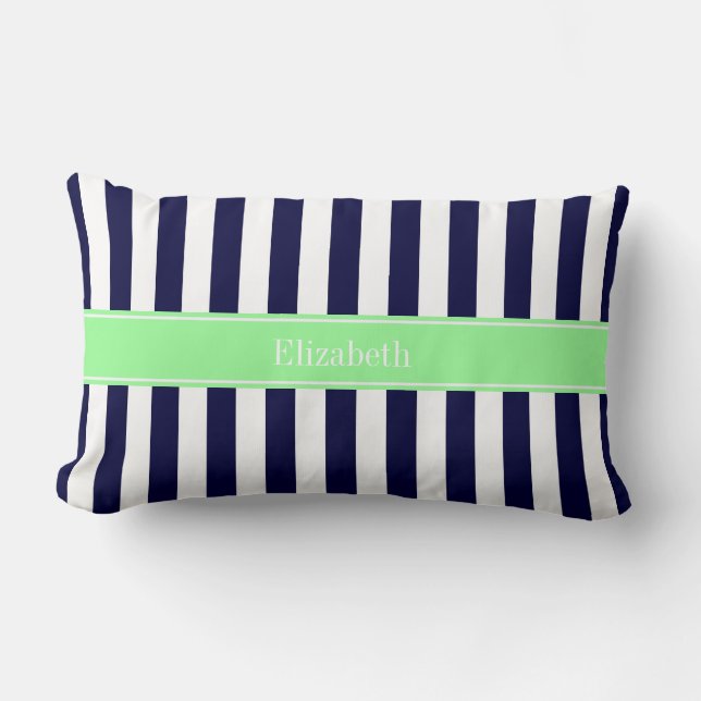 Navy Blauwe Witte Streep Mint Groene Naam Monogram Kussen (Voorkant)