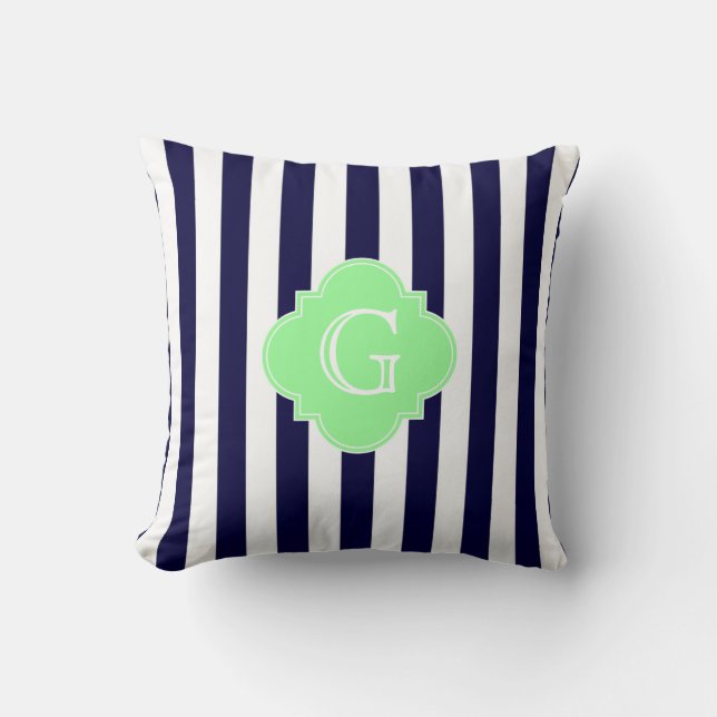 Navy Blauwe Witte Streep Mint Quatrefoil Monogram Kussen (Voorkant)
