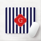 Navy Blauwe Witte Streep Rode Quatrefoil Monogram Muismat (Met muis)