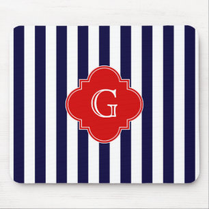 Navy Blauwe Witte Streep Rode Quatrefoil Monogram Muismat