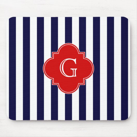 Navy Blauwe Witte Streep Rode Quatrefoil Monogram Muismat (Voorkant)
