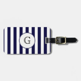 Navy Blauwe Witte Streep Ronde Witte Monogram Labe Bagagelabel