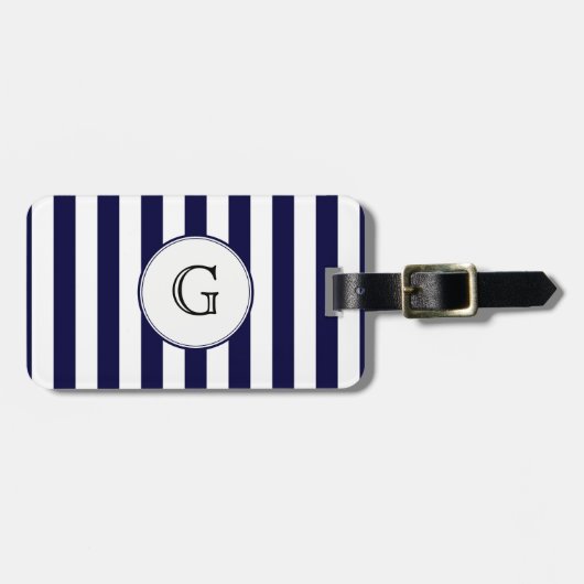 Navy Blauwe Witte Streep Ronde Witte Monogram Labe Bagagelabel (Voorkant horizontaal)