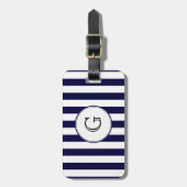Navy Blauwe Witte Streep Ronde Witte Monogram Labe Bagagelabel (Voorkant verticaal)