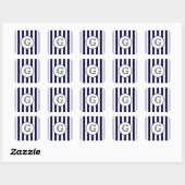 Navy Blauwe Witte Streep Ronde Witte Monogram Labe Vierkante Sticker (Vel)