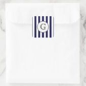 Navy Blauwe Witte Streep Ronde Witte Monogram Labe Vierkante Sticker (Tas)