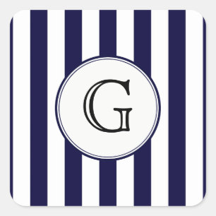 Navy Blauwe Witte Streep Ronde Witte Monogram Labe Vierkante Sticker