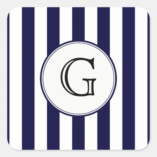 Navy Blauwe Witte Streep Ronde Witte Monogram Labe Vierkante Sticker (Voorkant)