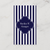 Navy Blauwe Witte Streep Roze Naam Monogram Visitekaartje (Achterkant)