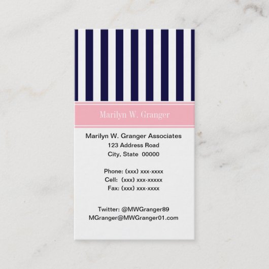 Navy Blauwe Witte Streep Roze Naam Monogram Visitekaartje (Voorkant)