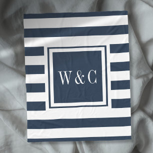 Navy Blauwe Witte Streep Trendy Monogram Fleece Deken
