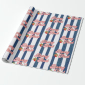 Navy Blauwe Witte Strepen Aardbei Verjaardag Cadeaupapier (Uitgerold)