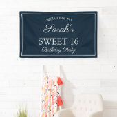 Navy Blauwe Witte Sweet 16 Verjaardagsfeestje Spandoek (Insitu)