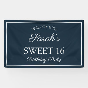 Navy Blauwe Witte Sweet 16 Verjaardagsfeestje Spandoek