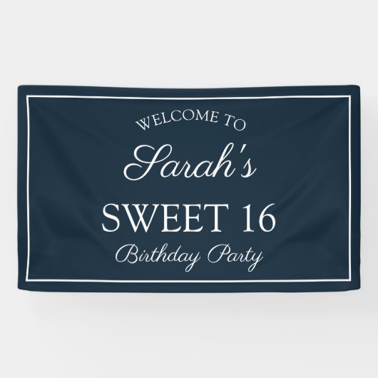 Navy Blauwe Witte Sweet 16 Verjaardagsfeestje Spandoek (Horizontaal)