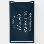 Navy Blauwe Witte Sweet 16 Verjaardagsfeestje Spandoek (Verticaal)