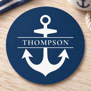 Navy Blauwe Zeeanker Monogram Ronde Kartonnen Onderzetter