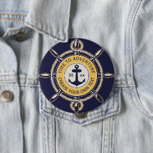 Navy Blauwe Zeeanker & Scheepsstuurwiel Avontuur Ronde Button 4,0 Cm