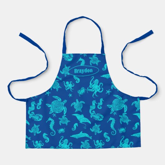 Navy Blauwe Zeeleven Patroon Kinderen Schort (Voorkant)