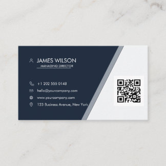 Navy Blauwe Zilveren Aangepaste Logo QR Zakelijk Visitekaartje
