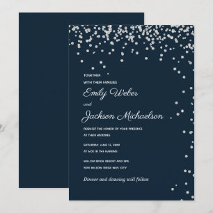 Navy Blauwe Zilveren Diamant Confetti Bruiloft Kaart