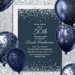 Navy Blauwe Zilveren Diamant Glitter 50ste Verjaar Kaart