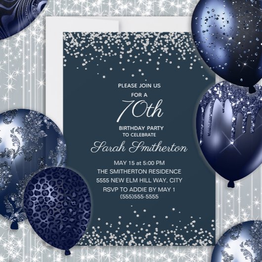 Navy Blauwe Zilveren Diamant Glitter 70ste Verjaar Kaart