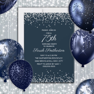 Navy Blauwe Zilveren Diamant Glitter 75ste Verjaar Kaart