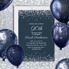 Navy Blauwe Zilveren Diamant Glitter 90ste Verjaar Kaart