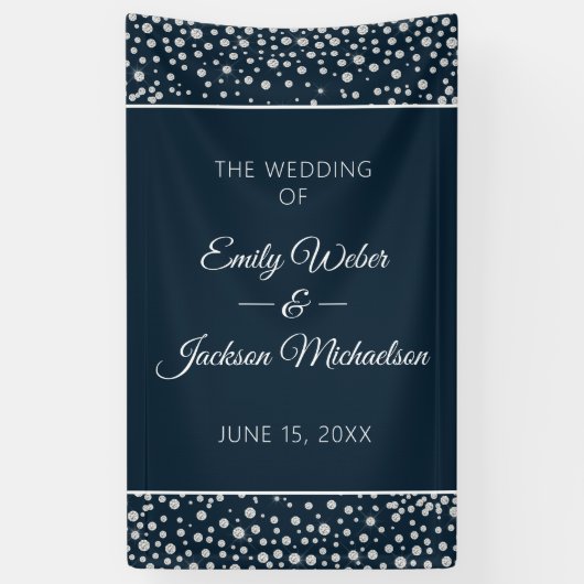 Navy Blauwe Zilveren Diamant Glitter Bruiloft Spandoek (Verticaal)