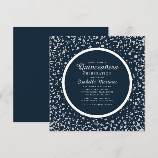 Navy Blauwe Zilveren Diamant Glitter Quinceañera Kaart (Voorkant / Achterkant)