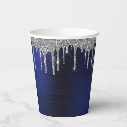 Navy Blauwe Zilveren Glitter en Glans Monogram Papieren Bekers (Achterkant)