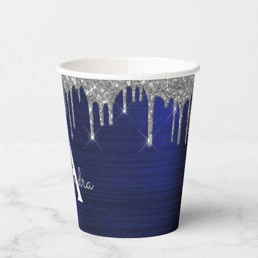 Navy Blauwe Zilveren Glitter en Glans Monogram Papieren Bekers (Links)