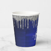 Navy Blauwe Zilveren Glitter en Glans Monogram Papieren Bekers (Rechts)
