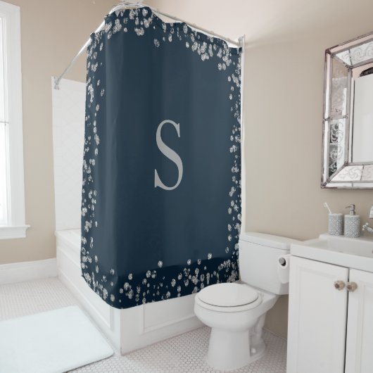 Navy Blauwe Zilveren Glitter Frame Monogram Initia Douchegordijn (In situ)