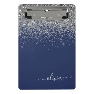 Navy Blauwe Zilveren Glitter Meisjesachtige Monogr Mini Klembord
