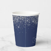 Navy Blauwe Zilveren Glitter Monogram Papieren Bek Papieren Bekers (Rechts)