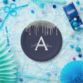 Navy Blauwe Zilveren Glitter Monogram Verjaardag Papieren Bordje (Feest)