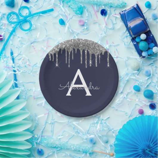 Navy Blauwe Zilveren Glitter Monogram Verjaardag Papieren Bordje (Feest)