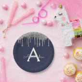 Navy Blauwe Zilveren Glitter Monogram Verjaardag Papieren Bordje (Feest)
