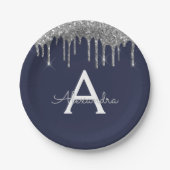 Navy Blauwe Zilveren Glitter Monogram Verjaardag Papieren Bordje (Voorkant)