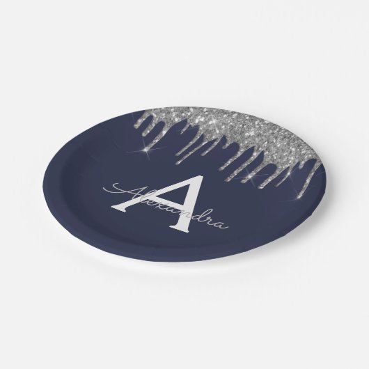 Navy Blauwe Zilveren Glitter Monogram Verjaardag Papieren Bordje (Gekanteld)
